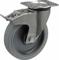 Gumové transportní kolo s přírubou, průměr 200 mm, otočné s brzdou, valivé ložisko, nešpinivé, 